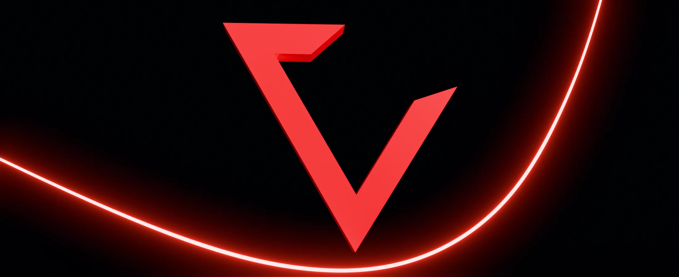 Low, wide view of the red Vanolee mark above the black floor, red light pooling behind it.